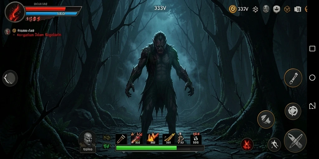 Tangkapan layar 333V yang menampilkan ketegangan gameplay di tengah kegelapan.