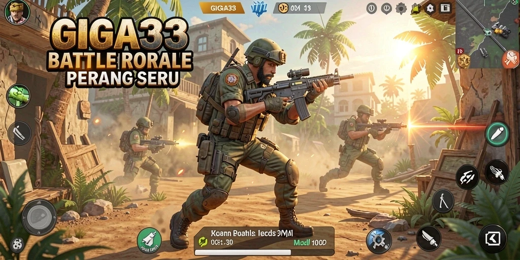 Tangkapan layar utama GIGA33 menunjukkan momen seru dalam pertempuran Battle Royale.