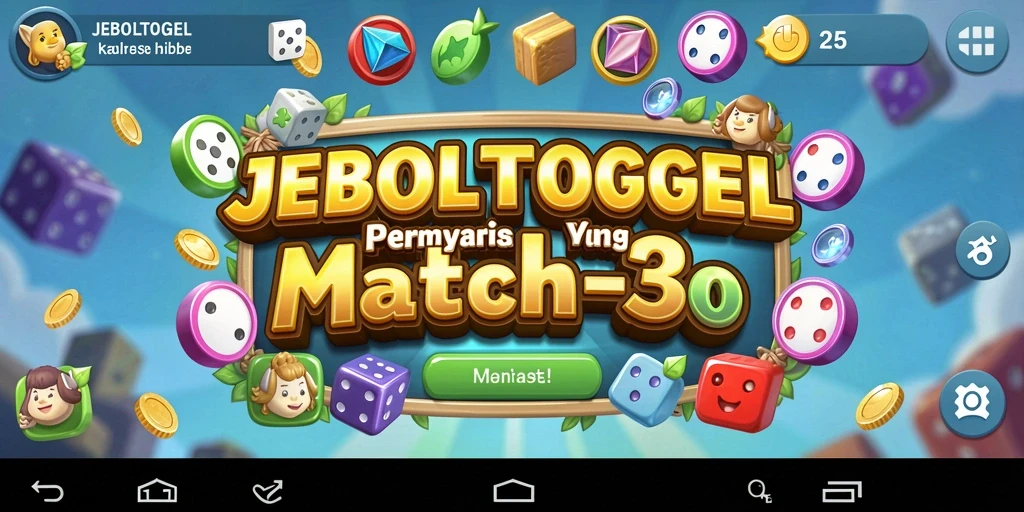 Screenshot menunjukkan gameplay seru JEBOLTOGEL dengan berbagai level match-3.