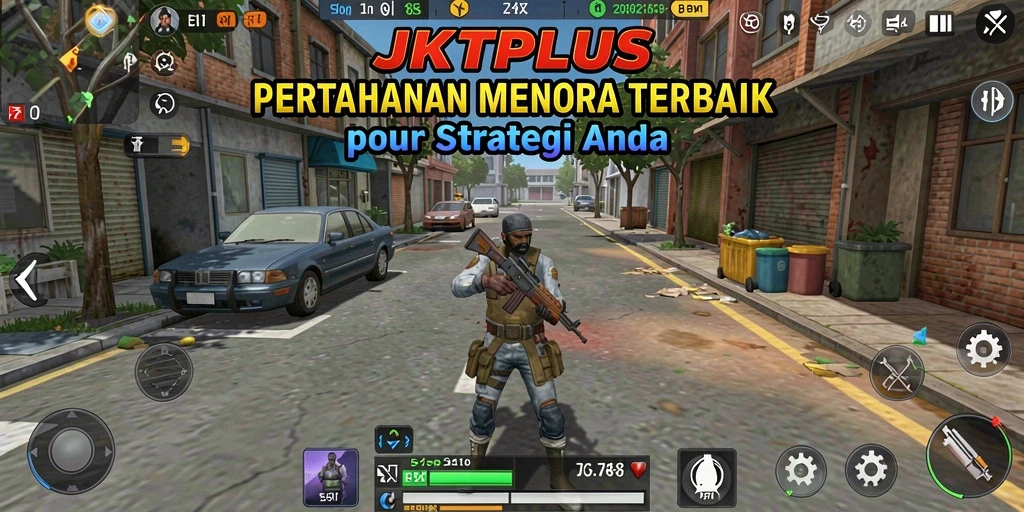 Gameplay JKTPLUS menampilkan menara strategis melawan musuh yang menyerang.