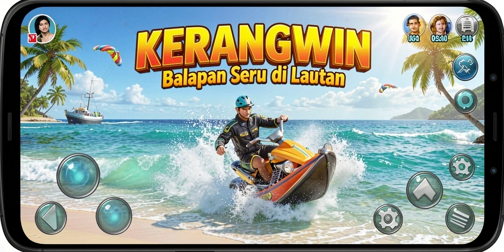 Gameplay Racing seru di KERANGWIN dengan speedboat yang menggabungkan kecepatan dan teknik.