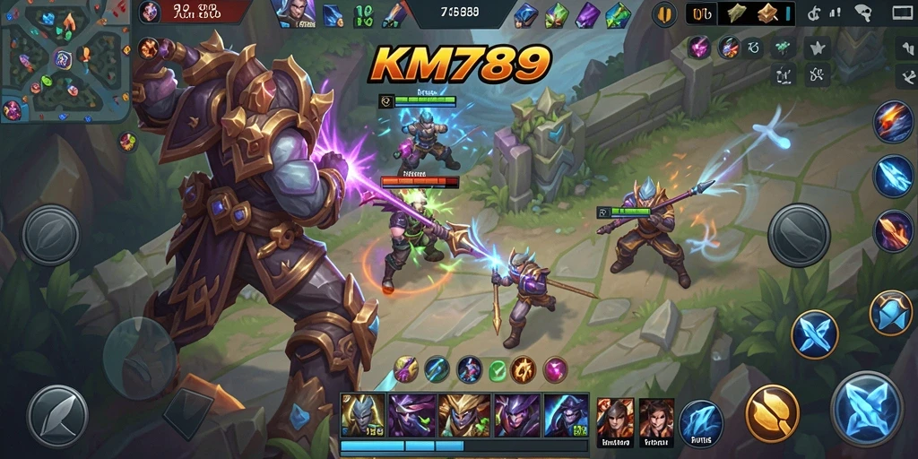 Screenshot gameplay KM789 menampilkan pertarungan seru antara tim di arena MOBA.