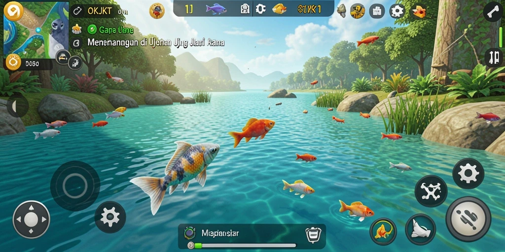 Tampilan gameplay OKJKT yang menampilkan momen menangkap ikan di danau.