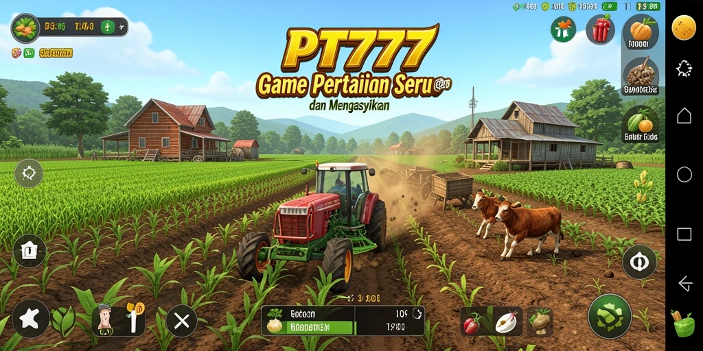 Tangkapan layar gameplay PT777 dengan ladang yang subur dan tanaman berwarna-warni.