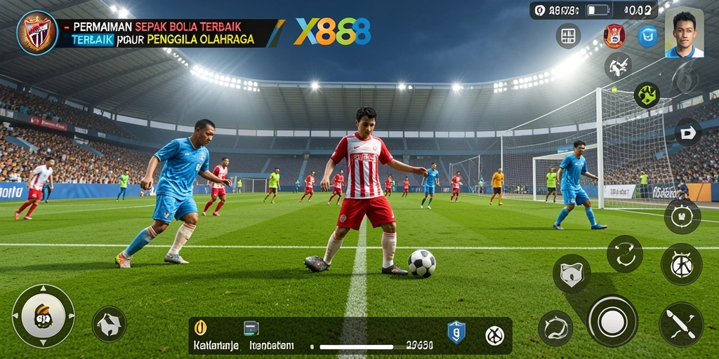 Tampilan gameplay X88 dengan aksi seru di lapangan sepak bola.